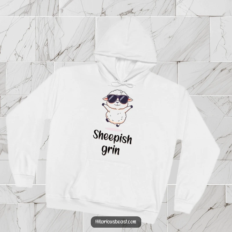 Funny fluffy sheep hoodie wearing oversized sunglasses, doing a silly hop, radiating effortless cool and playful vibes.