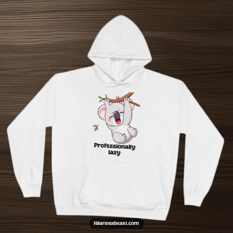 Funny koala hoodie with a sleepy character yawning upside down, offering warmth and hilarious comfort.