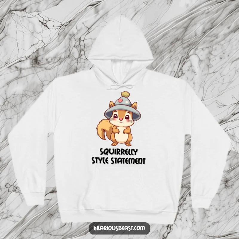 Funny small squirrel hoodie wearing a silly oversized hat, looking comically bewildered and lost.