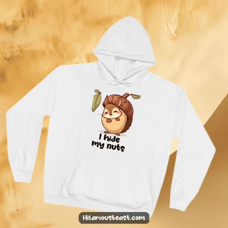 Funny Hoodie depicting a shy squirrel peeking from behind an oversized acorn, a knowing smirk on its face.