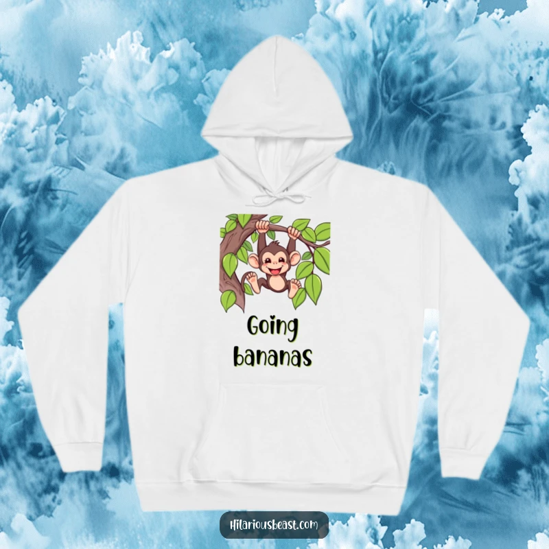 Funny Hoodie featuring a mischievous monkey swinging from a vine with a wide, infectious grin, perfect for cozy times.