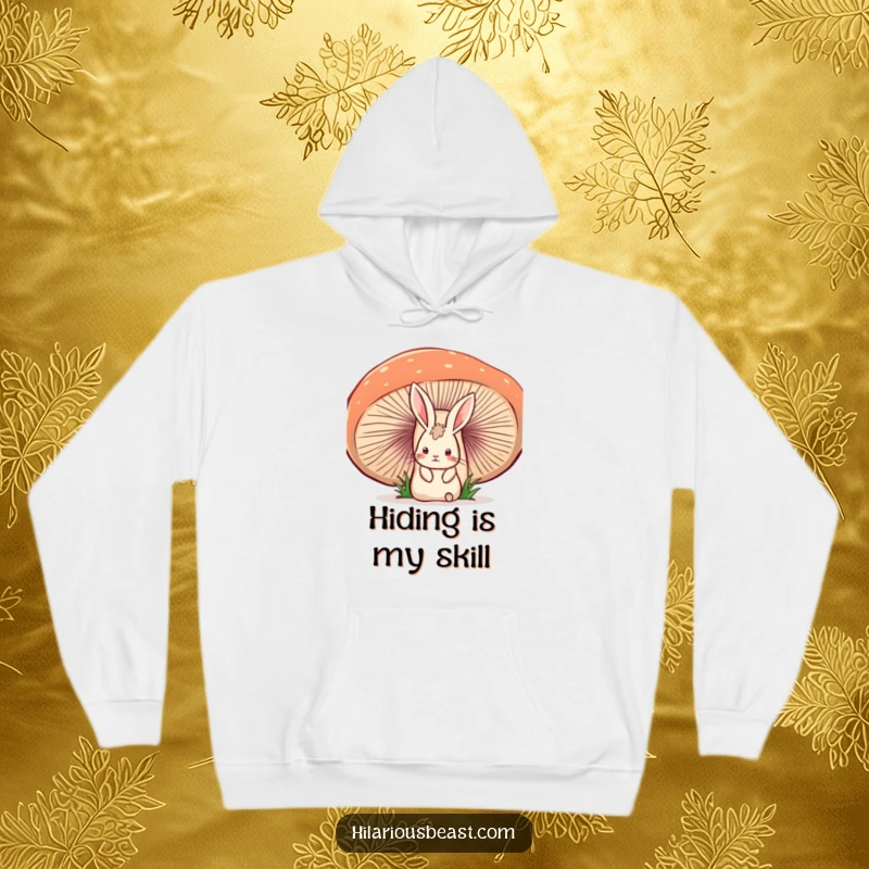 Funny hoodie featuring a startled rabbit peeking from a giant, wobbly mushroom, capturing a moment of comical surprise and fear.