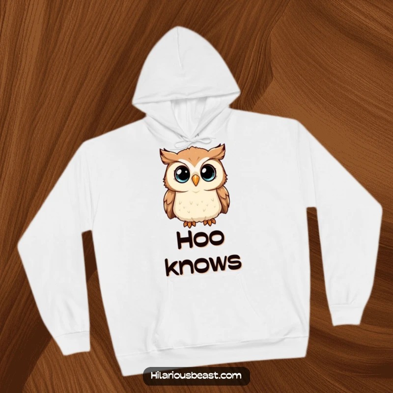 Funny Hoodie showing a curious owl tilting its head, its big, sparkling eyes wide and attentive, radiating wisdom.