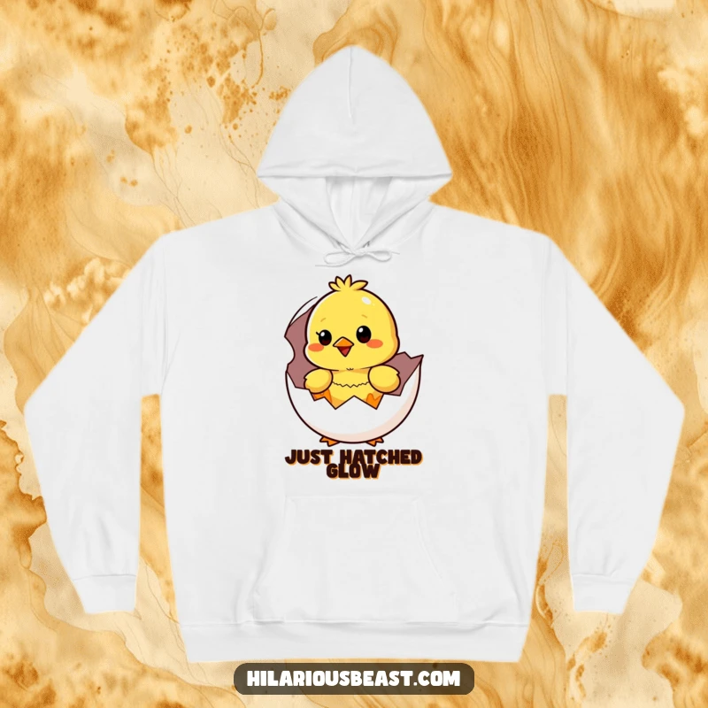 Funny yellow chick hatching from an egg, expressing surprise and happiness, featured on a warm and humorous hoodie.