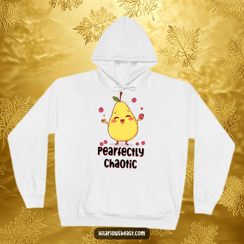 Funny hoodie showcasing a giggling, slightly lopsided pear character juggling tiny berries, perfect for cozy, fruity amusement.