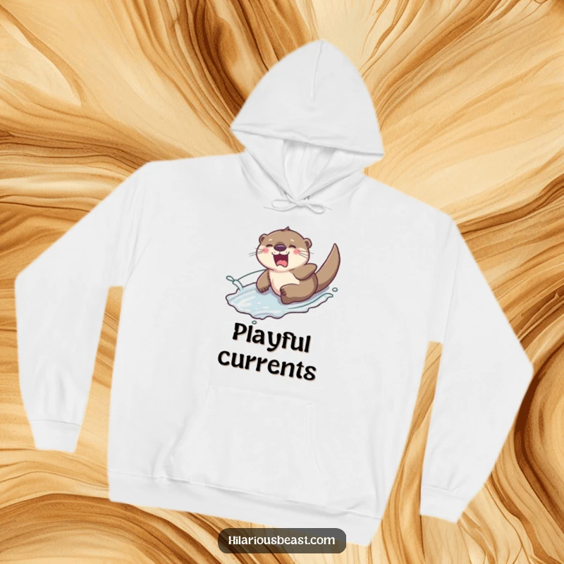 Funny giggling otter sliding down a slippery hill with a splash of water, featured on a cozy hoodie, perfect for spreading warmth and cheer.