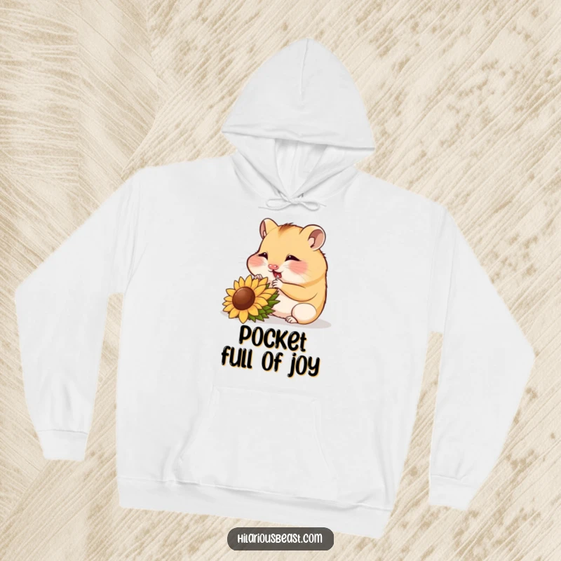 Funny hamster cub munching a sunflower seed, cozy hoodie, cute animal graphic.