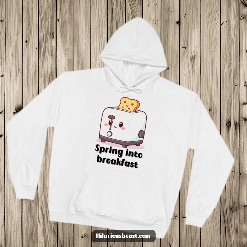 Funny hoodie depicting a square, happy-faced toaster popping toast with a spring, offering warmth and a humorous breakfast theme.