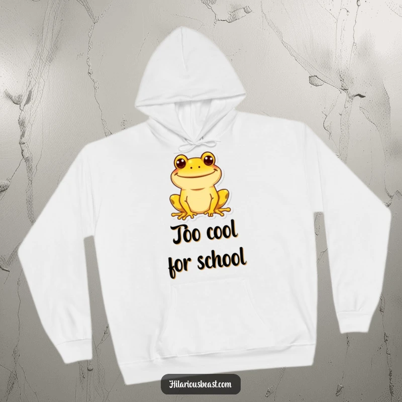 Funny yellow frog hoodie showcasing a massive, goofy grin, exuding infectious happiness and playful charm. Great for cold days.