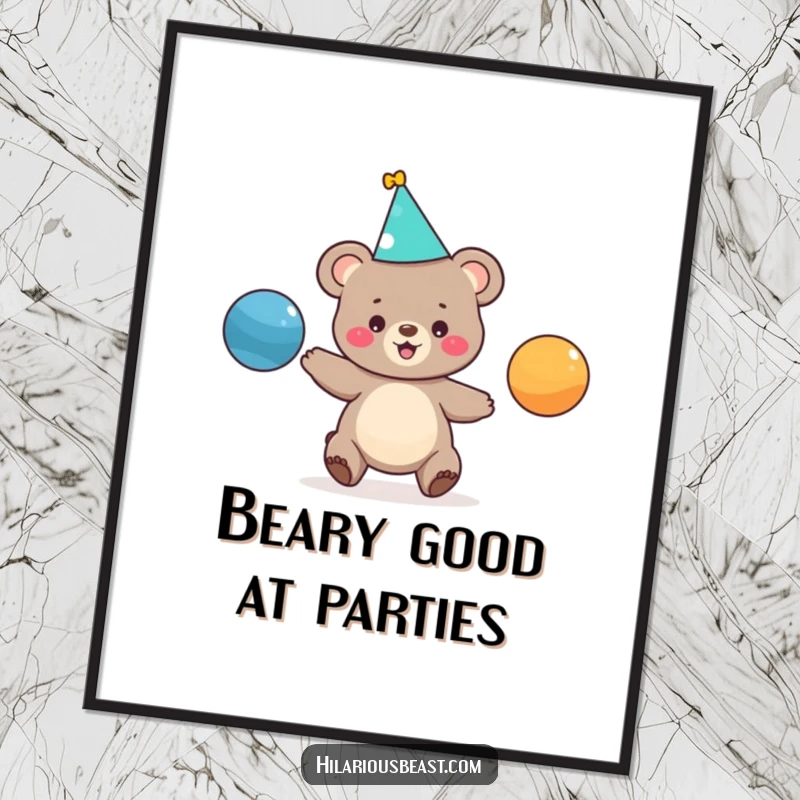 Funny Free Printable Wall Art: A small bear cub in a party hat gleefully juggles three colorful balls.