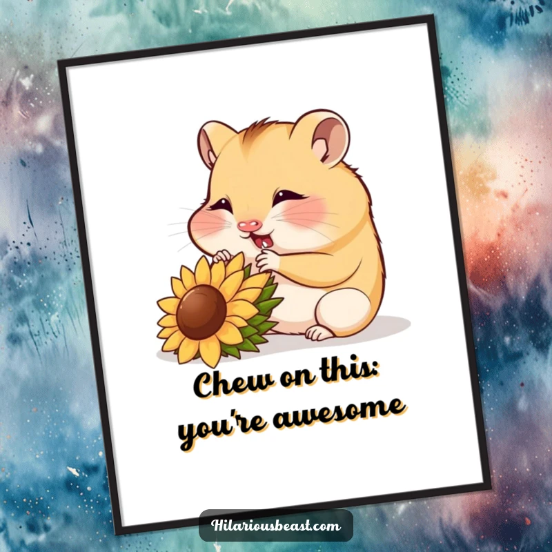 Funny Free Printable Hamster Wall Art: Contented cub with a sunflower seed, radiating happiness.