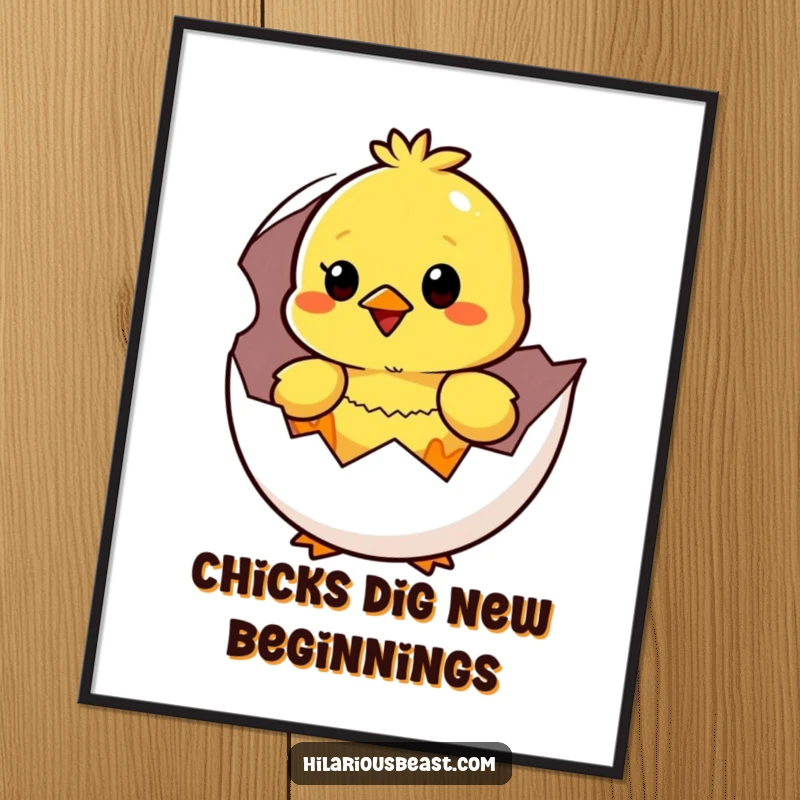 Funny Free Printable wall art of a yellow chick happily surprised as it peeks out of its egg, a delightful download.