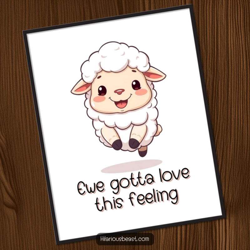 Funny Free Printable Wall Art of a fluffy sheep with a wide, silly grin, energetically bouncing on its hooves.
