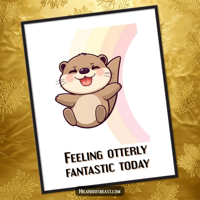 Funny free printable wall art of a grinning otter sliding down a vibrant rainbow with ultimate delight.