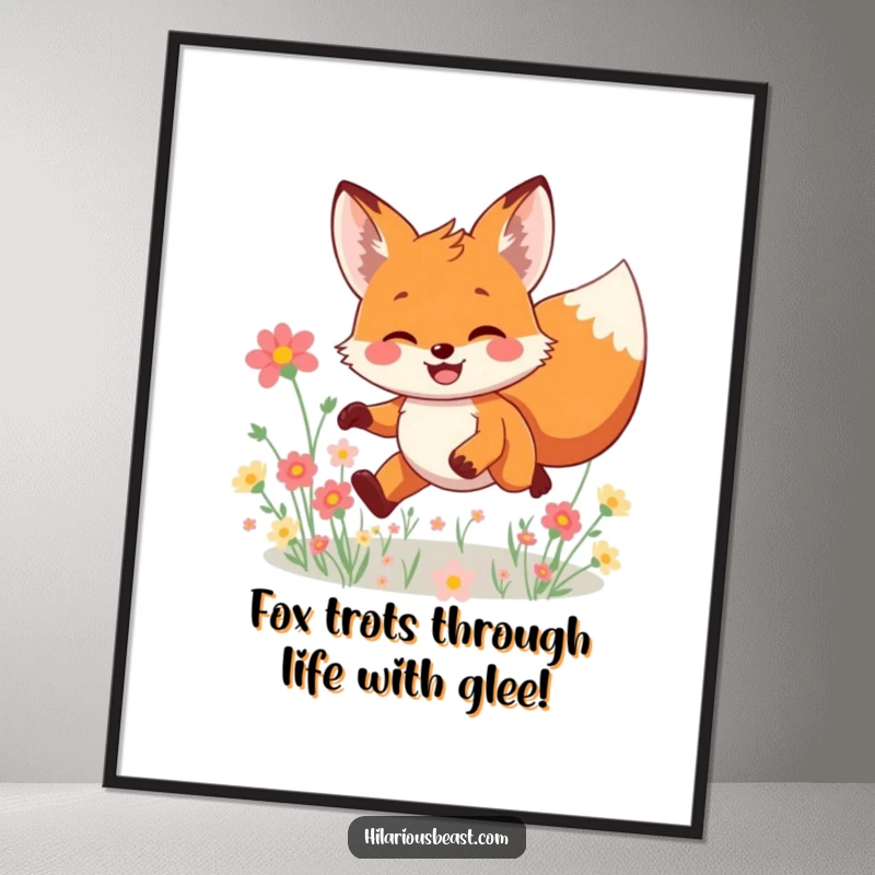 Funny Free Printable Wall Art: Smiling fox character leaping joyfully through a vibrant field of flowers, bringing cheer.