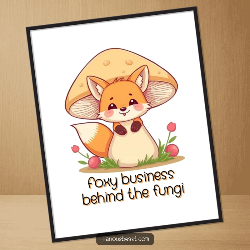 Funny Free Printable Wall Art: A giggling fox peeks from behind a large, wobbly mushroom.