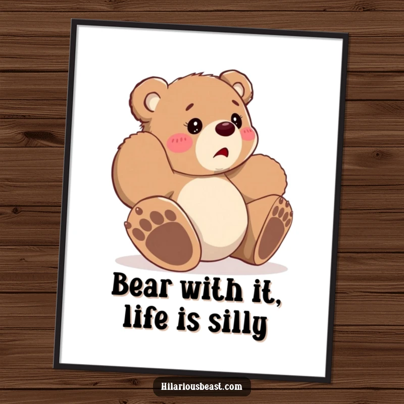 Funny Free Printable Bear Wall Art: Small, bewildered cub tripping over its oversized paws, capturing a moment of charming chaos.