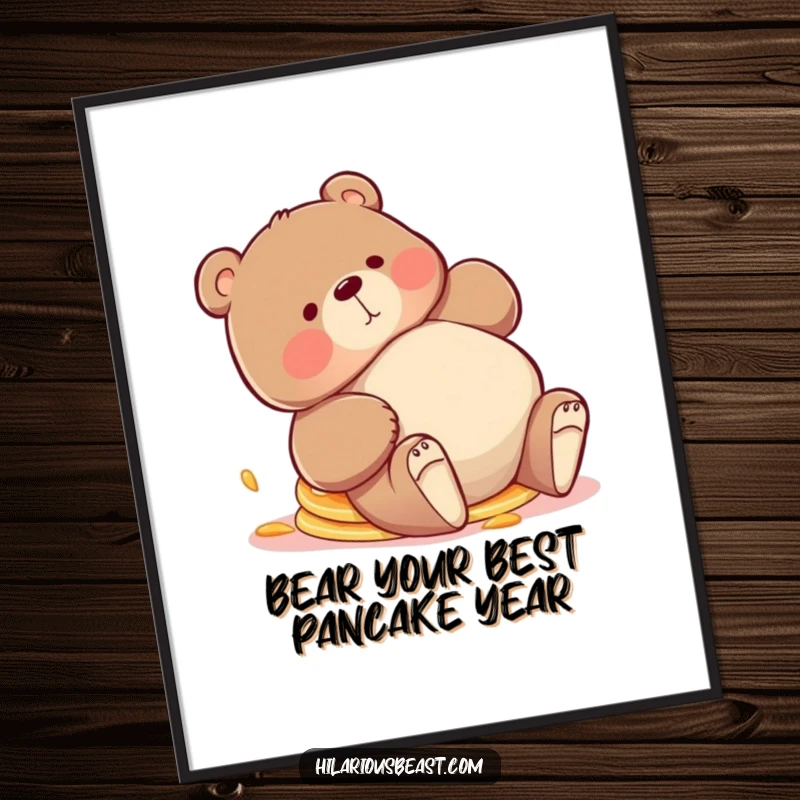 Funny Free Printable wall art of a chubby bear playfully tripping, with a stack of pancakes tumbling askew, adding whimsical charm.