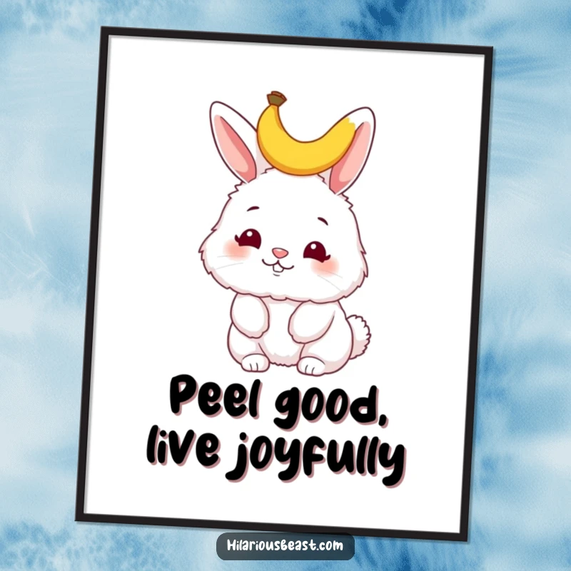 Funny Free Printable wall art of a fluffy bunny wiggling its nose, sporting a tiny banana peel on its head, bringing playful charm.
