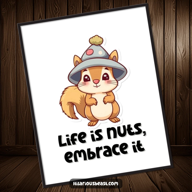Funny Free Printable Wall Art of a squirrel in a comically large hat, looking utterly bewildered, adding quirky charm.