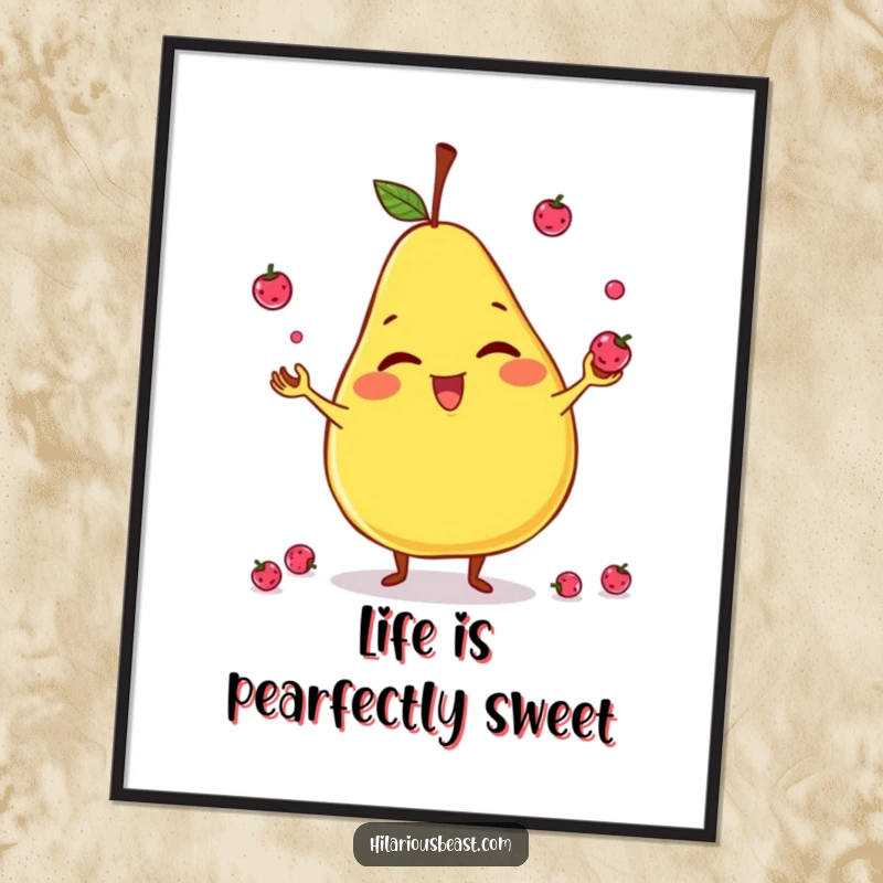 Funny Free Printable Wall Art of a giggling, slightly lopsided pear character juggling berries with a cheerful, playful expression.