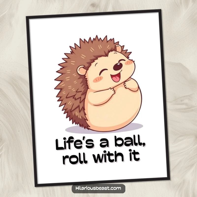 Funny Free Printable Wall Art: A plump hedgehog with a massive grin, joyfully rolling into a perfect spiky ball.