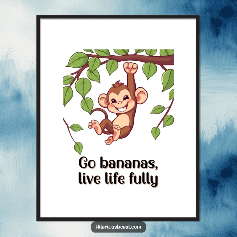 Funny Free Printable Wall Art of a mischievous monkey swinging energetically from a vine with a wide, captivating grin.