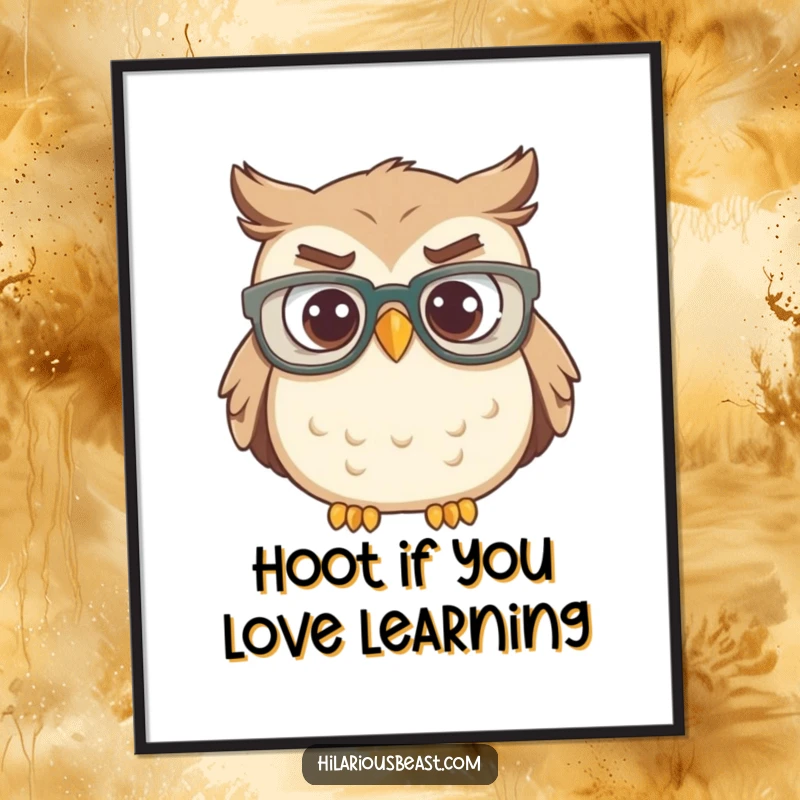 Funny Free Printable Wall Art: A bewildered owl wearing oversized glasses tilts its head quizzically.