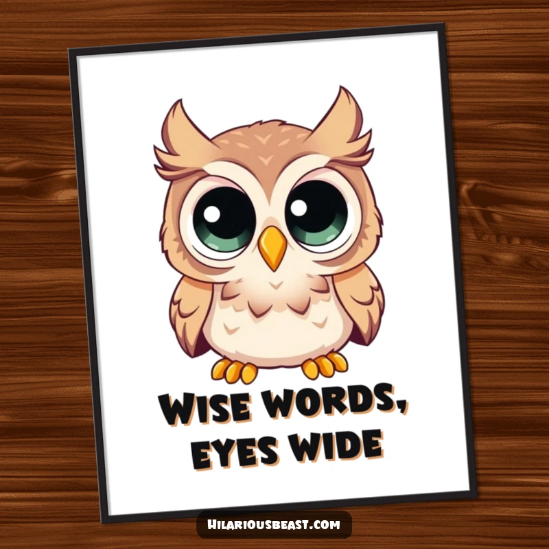 Funny free printable wall art featuring a curious owl with massive eyes, blinking in comical surprise, adding a humorous focal point.