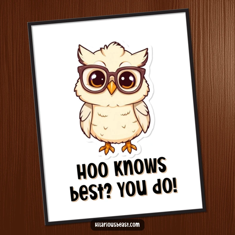 Funny Free Printable Owl Wall Art: Curious chick wearing oversized glasses, tilting head inquisitively.