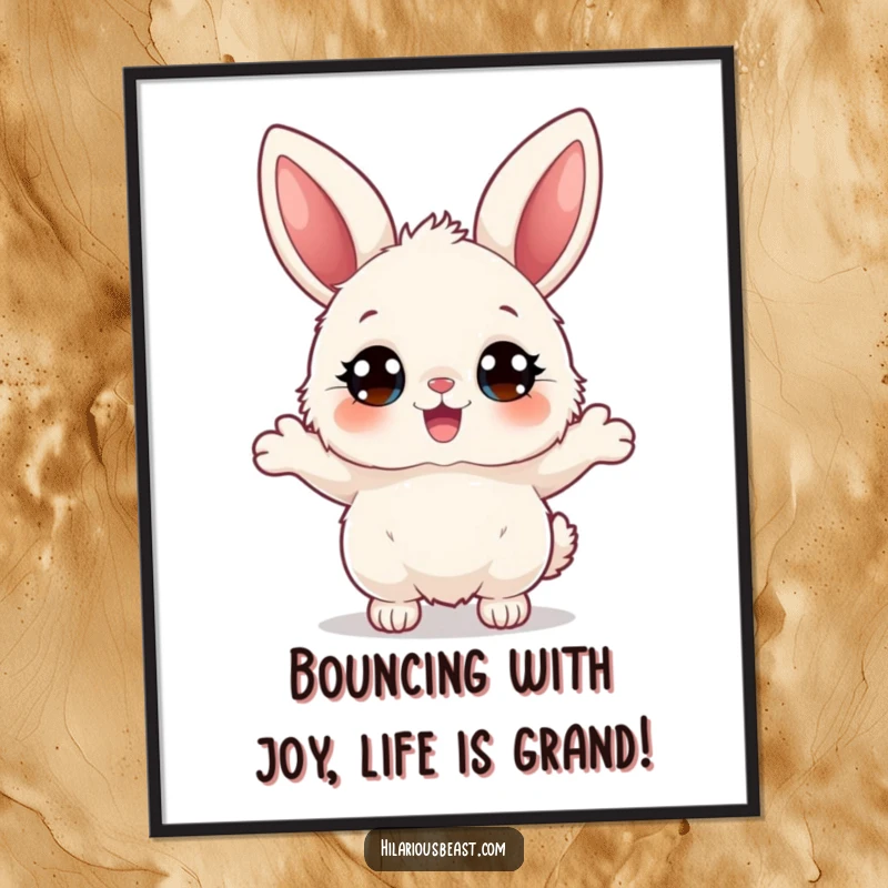 Funny Free Printable Wall Art: Fluffy bunny character with big eyes, bouncing joyfully, bringing a smile to any room.