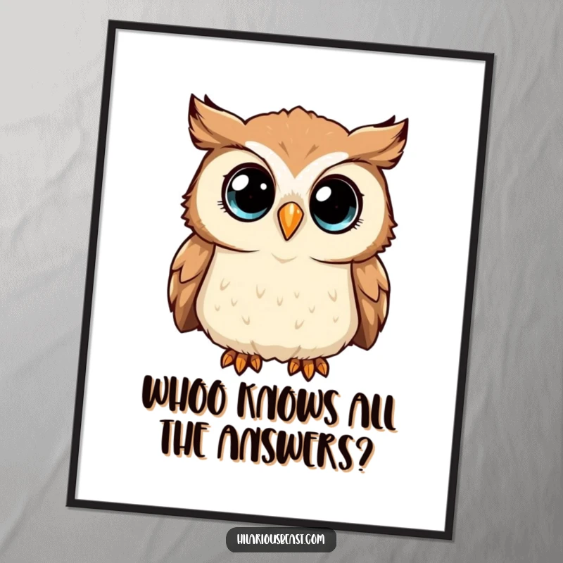 Funny Free Printable Wall Art: A curious owl tilting its head, wide sparkling eyes observing everything.