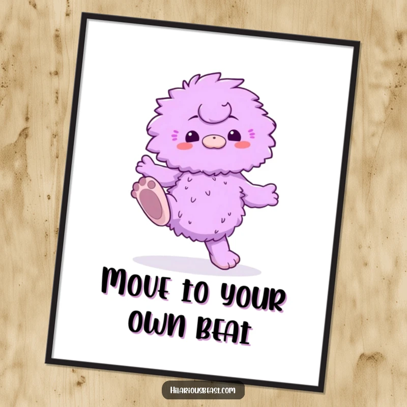 Free Printable Wall Art: A fluffy purple creature with huge feet is doing a ridiculous dance, bringing vibrant, funny energy to decor.