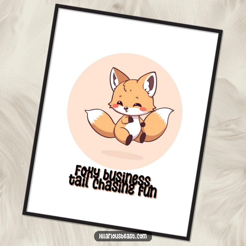 Funny Free Printable Wall Art: A small, round fox cub energetically chases its own tail in a circle.