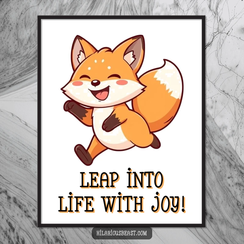 Funny Free Printable Wall Art: A kawaii fox leaps mid-air with a huge grin and a furiously wagging tail, radiating pure joy and energy.