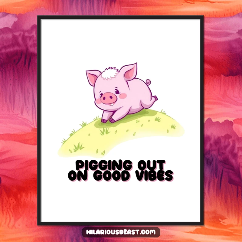 Funny free printable wall art of a purple piglet joyfully rolling down a vibrant grassy hill.