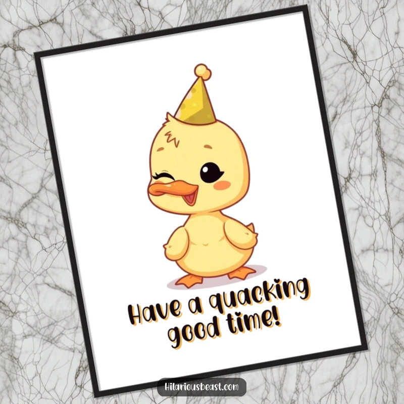 Funny Free Printable Wall Art: A happy duckling wearing a tiny party hat winks playfully, adding a touch of festive charm to your wall.