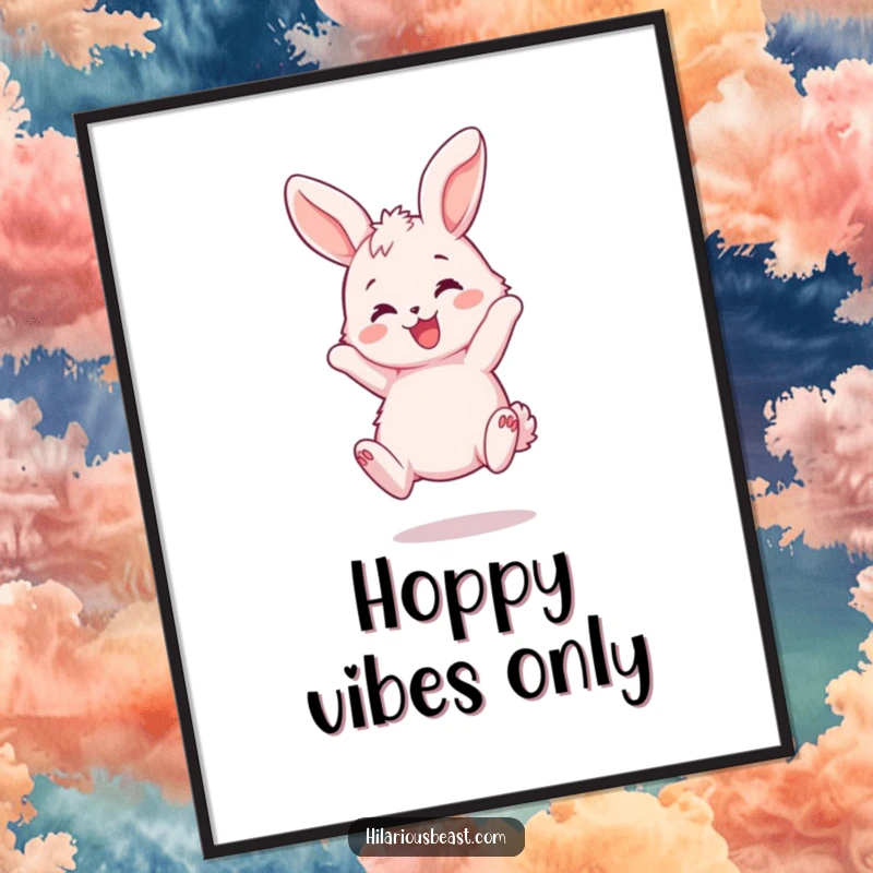 Funny Free Printable Wall Art: Fluffy pink bunny bouncing with joy, ears flopping playfully, cute decor.