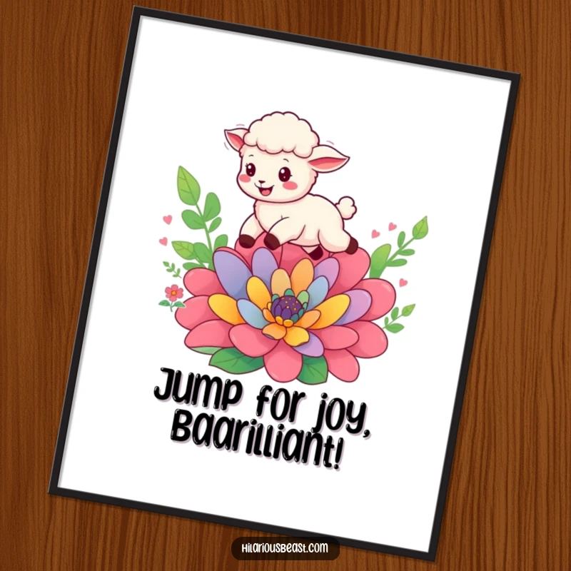 Funny Free Printable Sheep Wall Art: Cheerful cub leaping with pure delight over a vibrant, oversized flower.