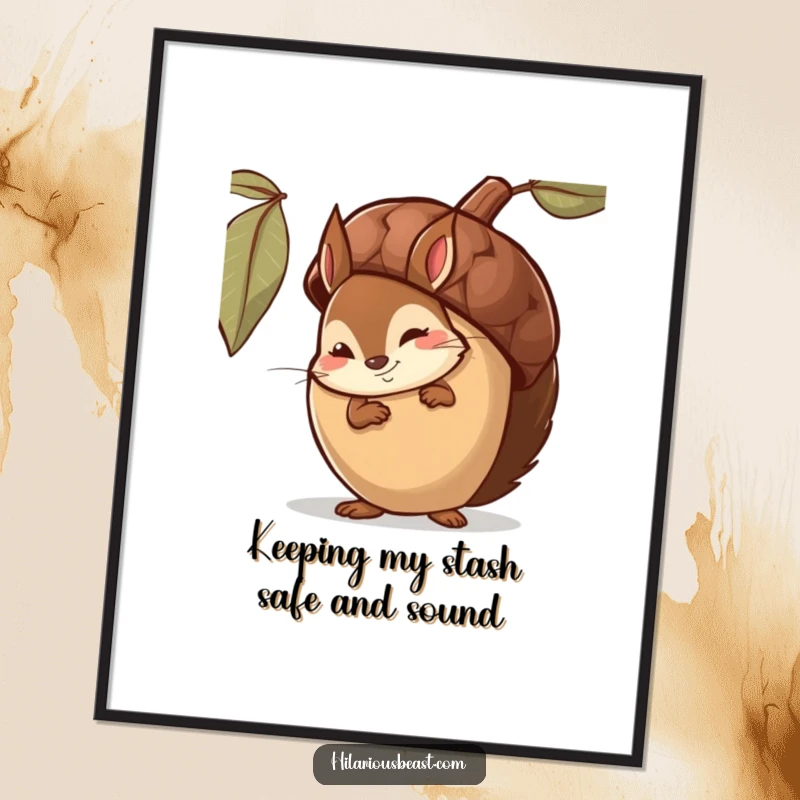 Funny Free Printable Wall Art: A shy squirrel peeking from behind a giant acorn, sporting a knowing smirk.