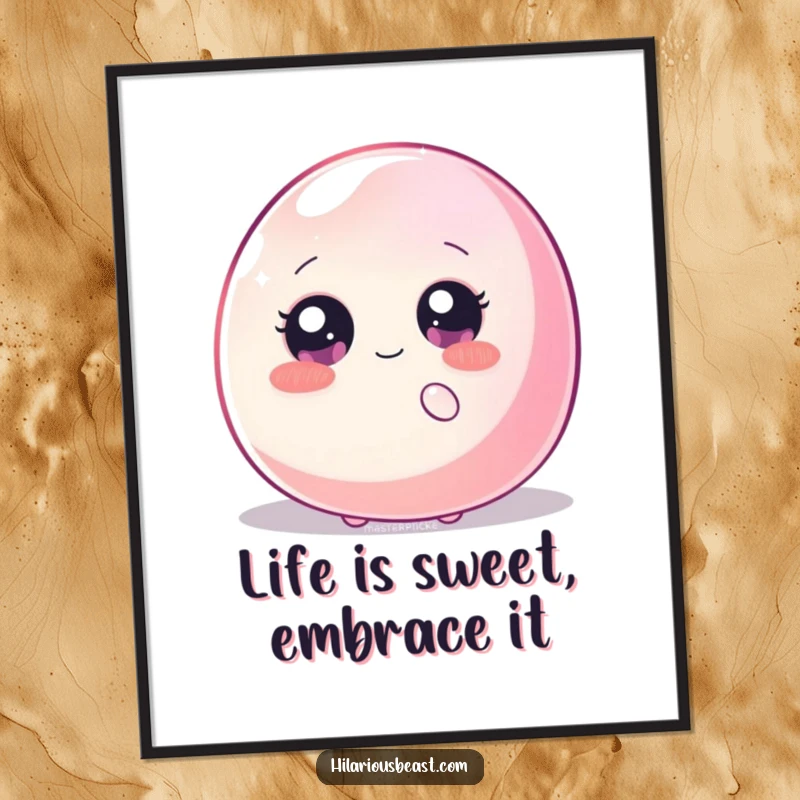 Free Printable Wall Art: Shy blob with huge sparkly eyes peeking from behind a large, wiggling jellybean, adding funny charm to walls.