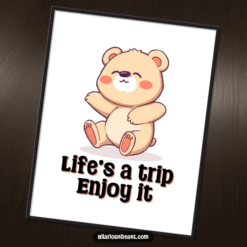 Funny free printable wall art of a clumsy bear cub tripping over its feet and giggling with pure joy.