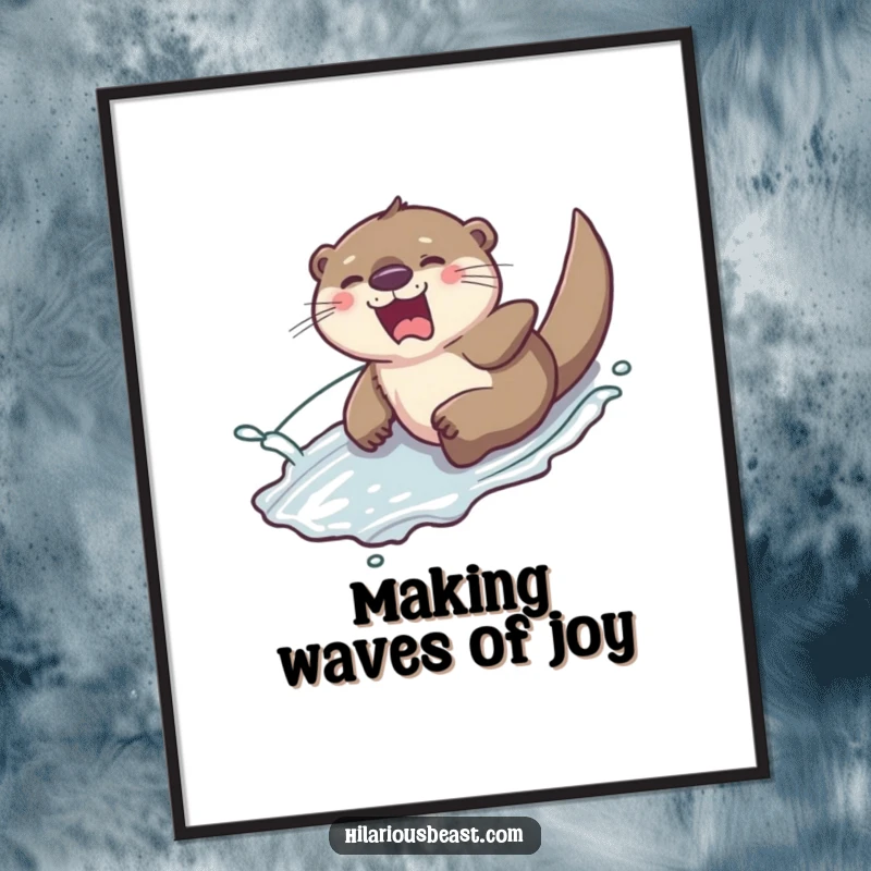 Funny Free Printable Otter Wall Art: A giggling otter joyfully sliding down a slippery hill with a splash of water.