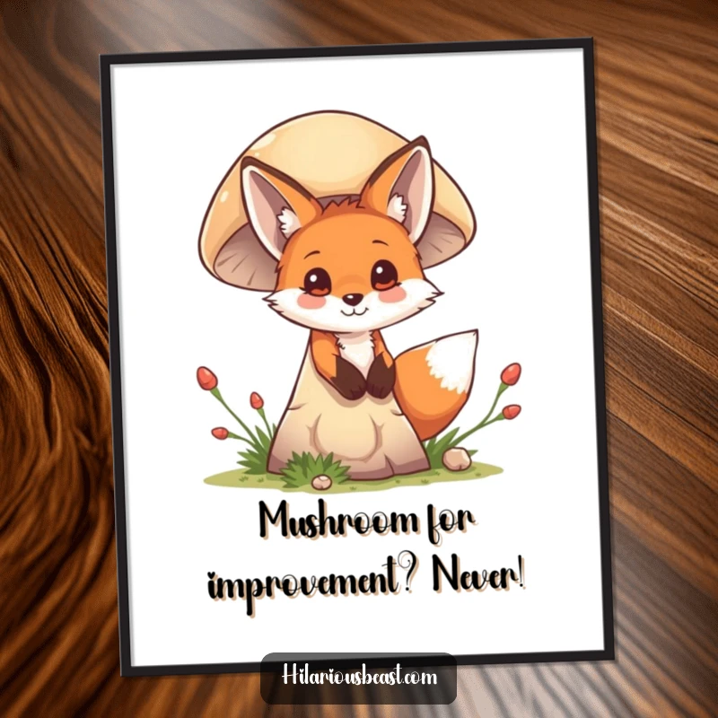 Funny Free Printable Fox Wall Art: Mischievous cub peeking out from behind a giant mushroom, with a sly, curious expression.