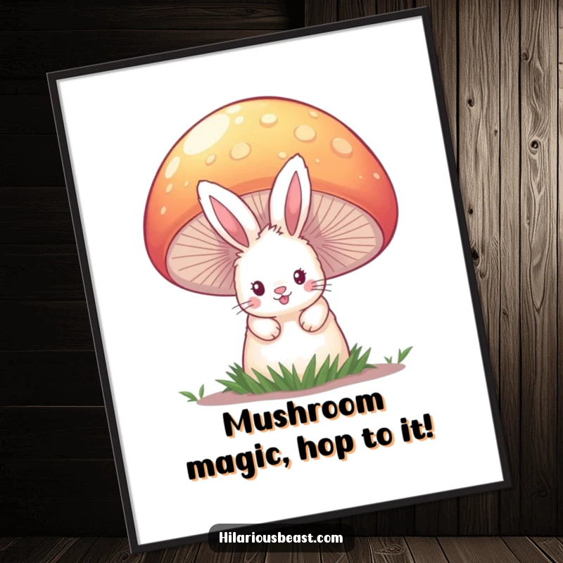 Funny Free Printable Wall Art: A fluffy bunny hides behind a giant, brightly colored mushroom, peeking out.