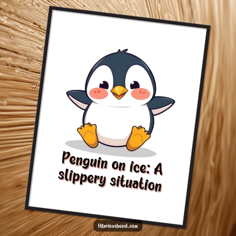 Funny Free Printable Wall Art: A penguin comically trips over its own feet, looking surprised.