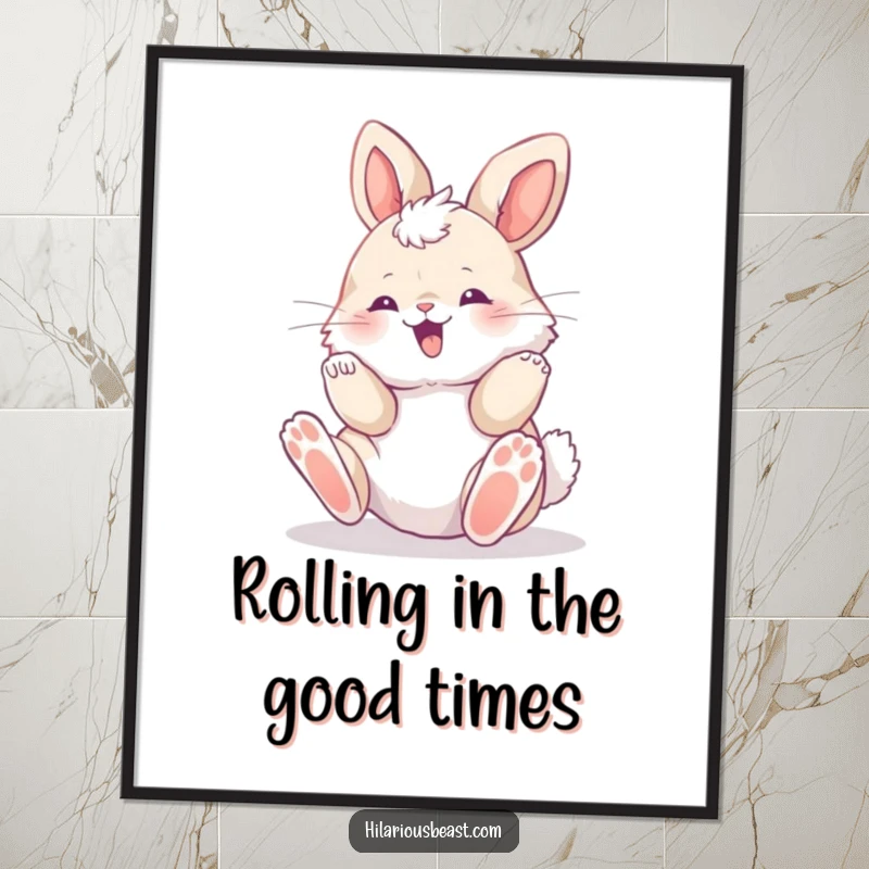 Funny Free Printable Bunny Wall Art: Fluffy cub rolling joyfully on its back, paws reaching up in pure delight.