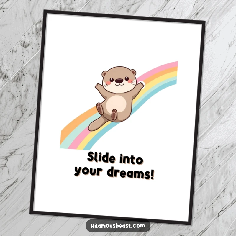 Funny Free Printable Wall Art: A cute otter gleefully slides down a vibrant rainbow, arms outstretched for balance, embodying pure fun and wonder.