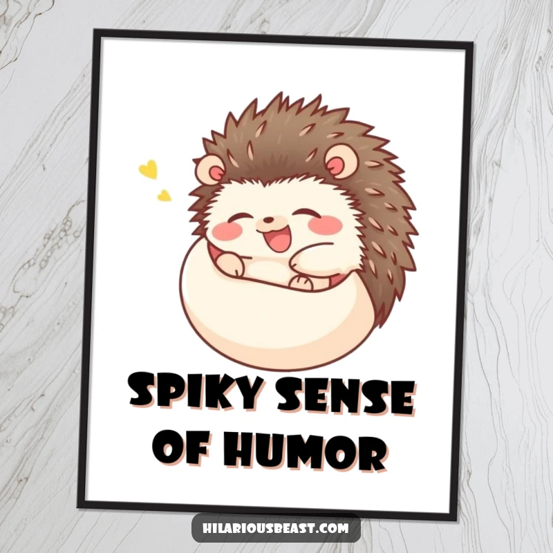 Funny Free Printable Wall Art: A happy hedgehog giggling uncontrollably while perfectly rolled into a round ball.