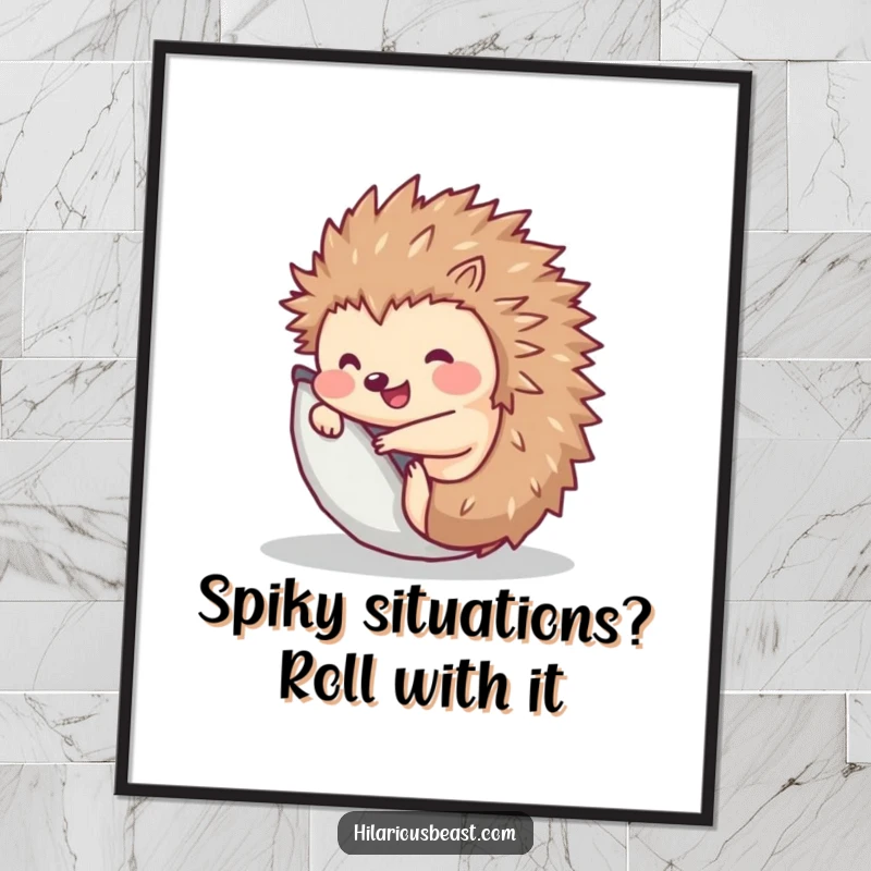 Funny free printable wall art of a cheerful hedgehog rolling into a ball and happily popping back up.